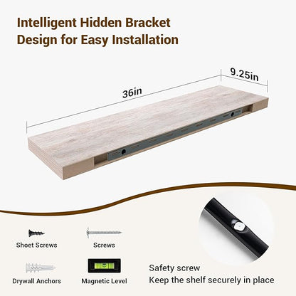 36 Inch Floating Shelves, 3D Textured Wood Grain, 36"x9.25"x1.5" Inch Deep Floating Shelves for Wall, Wooden Shelves for Bathroom, Bedroom, Living Room, Washed White