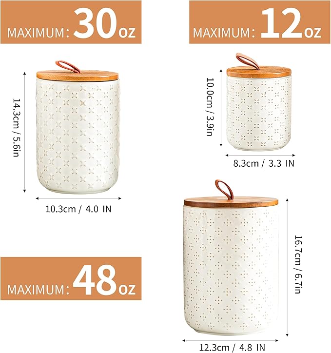 JOJUNO White Ceramic Canister Set with Wooden Lids – 3-Piece Airtight Food Storage Jars for Kitchen, Embossed Design, Small/Medium/Large Sizes (12/30/48 oz) – Flour, Sugar, Coffee, Tea Containers