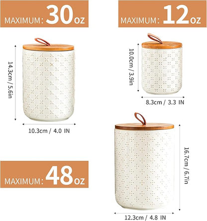 JOJUNO White Ceramic Canister Set with Wooden Lids – 3-Piece Airtight Food Storage Jars for Kitchen, Embossed Design, Small/Medium/Large Sizes (12/30/48 oz) – Flour, Sugar, Coffee, Tea Containers