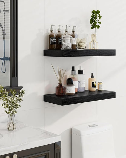 Marsmiles 31.5" Floating Shelves for Wall, Wooden Shelves with Invisible Brackets Set of 2, Rustic Farmhouse Wall Mounted Shelf for Kitchen Bathroom Living Room Study, Black