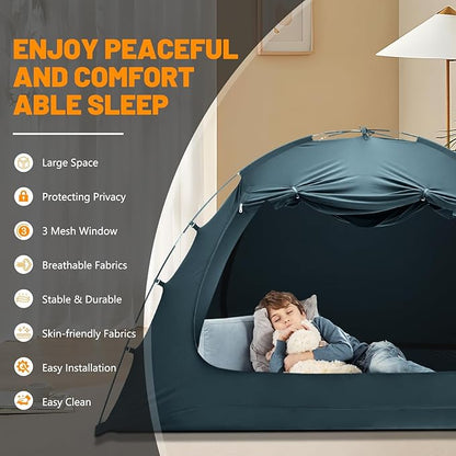 SUNYRISY Bed Canopy Full Size, Indoor Dream Tent for Adults and Kids, 3 Doors Breathable Portable, 80% Blackout Private Space Sleeping