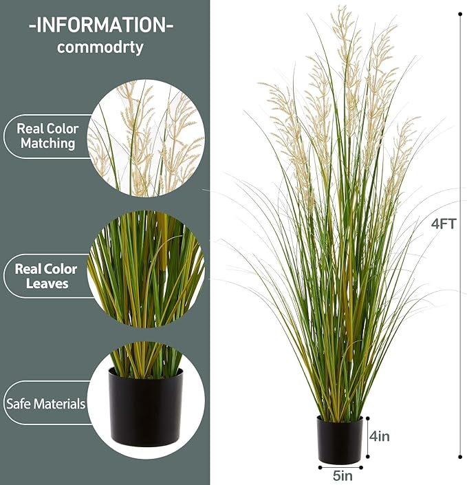 Artificial Plant, 47in Tall, 2pk Grass, Faux House Plants in Pot, Indoor Decorative Flowers &Greenery for Home and Office, Ideal Housewarming Gift