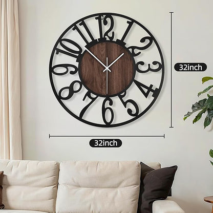 Maxstar Large Round Wall Clock for Living Room Decor Battery Operated Non Ticking Black Metal Wood Clocks for Home Living Room Garden Farmhouse Office Kitchen Decoration -32 inch