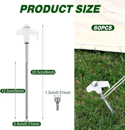 Hicarer 60 Pcs 20 Pcs 8'' Screw in Tent Stakes Heavy Duty Ground Metal Stakes for Inflatables with Hex Head Driver for Outdoor Camping Tent Inflatable Garden Decor (Luminous White)