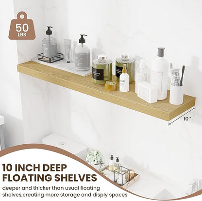 Fun Memories 48 Inch Floating Shelves for Wall - 10 Inch Deep Fireplace Mantel Shelf - Wood Floating Shelves for Wall - Large Storage Shelves Wall Mount for Living Room & Bedroom - Oak - Set of 1