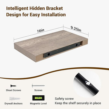 16 Inch Floating Shelves, 3D Textured Wood Grain, 16"x9.25"x1.5" Inch Deep Floating Shelves for Wall, Wooden Shelves for Bathroom, Bedroom, Living Room, Vintage Gray Oak
