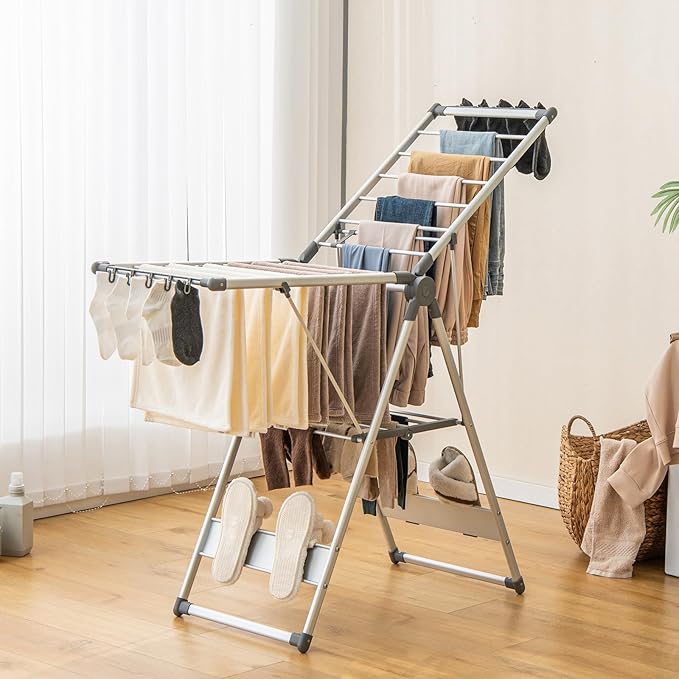 Giantex Clothes Drying Rack, 2-Layer Aluminum Foldable Laundry Drying Rack with 5-Level Adjustable Height, 21 Drying Rails, 10 Side Clips, 4 Shoe Holders, Space Saving Collapsible Laundry Drying Rack