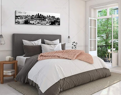 Pictures for Bedroom Black and White Wall Art Kansas City Panoramic Cityscape Skyline Canvas Art Prints for Living Room Office Home Decor Framed and Ready to Hang 13.8"x47.3"