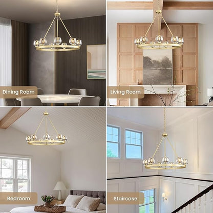 Gold Wagon Wheel Chandelier, 36 Inch Brass Chandeliers with Unique Glass Shade, 9-Light Crystal Farmhouse Wagon Wheel Chandeliers for Dining Room, Round Chandelier for Living Room, Foyer, Entryway