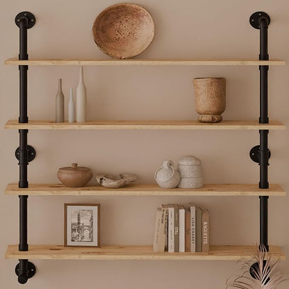 Industrial Pipe Wall Shelves Shelving with Real Wood Plank,48 Inches Floating Shelf for Wall Farmhouse Book Shelves Dark Brown 4 Tier for Kitchen,Living Room Decor and Bar Shelving