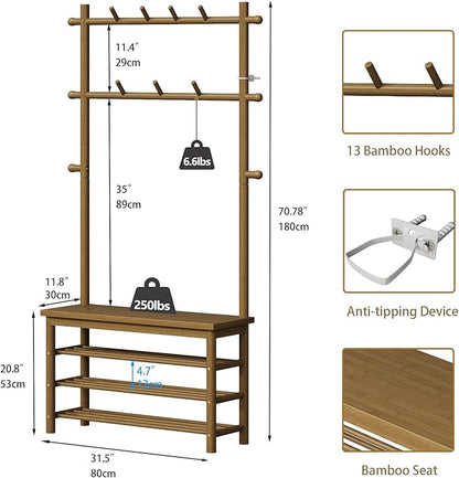 Bamboo Hall Tree with 13 Hook, 6-in-1 Entryway Bench with Coat Rack Freestanding, Coat Rack with Shoe Storage Bench Organizer for Mudroom, Bedroom, All-in-One Shoe Rack,Walnut