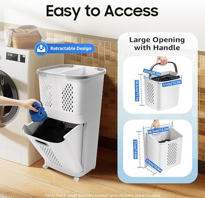 Movable Household Laundry Basket,2 Tier Laundry Hamper Basket Sorter with Wheels&Handle,Large Hand-Held Laundry Basket Clothes Storage Organizer for Bathrooms Bedrooms