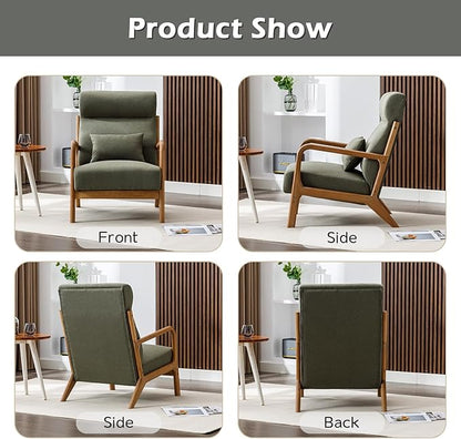 INZOY Mid Century Modern Accent Chair with High Back, Upholstered Living Room Chairs with Waist Cushion, Wood Frame Reading Armchair for Bedroom Sunroom, Green