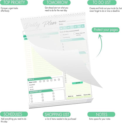 Daily Plan Notepad, 52 Sheets 8.5" X 11.5" Daily for To-Do Lists, Habit Tracking, Academic Scheduling, and Productivity Goals - Perfect for Work, Home, and Office Organization - Turquoise Style