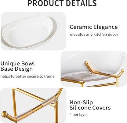 HBlife Extra Large Fruit Basket for Kitchen Counter - 2 Tier Ceramic Fruit Bowl with Metal Stand, Bathroom Countertop Organizer, Tiered Serving Trays for Party