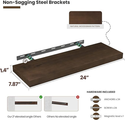 Wood Floating Shelves for Wall 24” x 8”x 1.4” Shelf Floating Rustic Farmhouse Decor, Heavy Duty Shelf Hold 60 lbs, Wall Shelves for Bathroom Living Room Kitchen Bedroom Office, 2 Packs Walnut