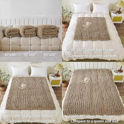 WESHIONGOO Chunky Knit Blanket Throw 50"×60" Knitted Throw Blankets for Couch Bed Fluffy Soft Blanket with Jumbo Chenille Yarn Thick 100% Handmade (Brown)