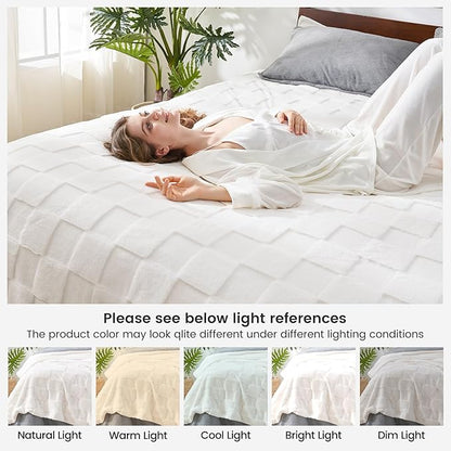 Cozy Bliss Checkered White Large Faux Rabbit Fur Twin Bed Blanket, Soft Fuzzy Fluffy Minky Cream Furry Blankets for Couch, Bed, Adults (60 * 80 Inches Ivory)