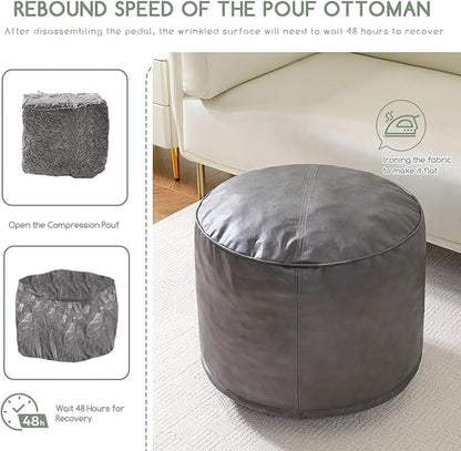 HIGOGOGO Round Stuffed Pouf Ottoman, Pu Leather Poufs with Foam Chunk Filling Foot Stool Storage Ottoman, 26 X 18 Floor Poufs Foot Rest for Living Room, Grey