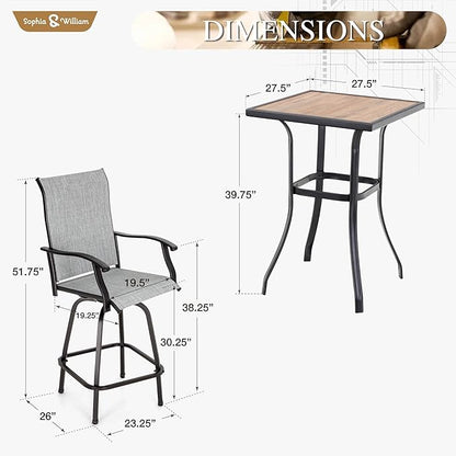 Sophia & William Outdoor Bar Set, Patio Bar Table and Chairs Set, Bar Height Patio Set - 2 x Swivel Bar Chairs(Grey), 1 x Square Bar Table(Wood-Like)