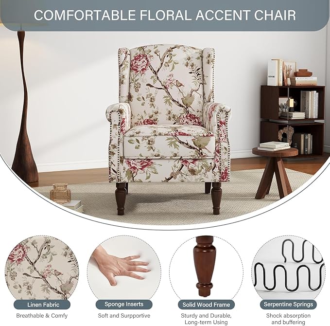 UIXE High Back Floral Accent Chairs Set of 2, Fabric Upholstered Armchair for Living Room, Retro Wingback Arm Chair with Solid Wood Leg, Nailhead Trim Single Sofa Bedroom Reading Seat - Beige