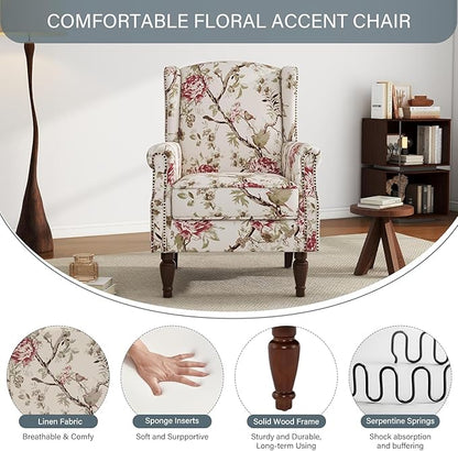 UIXE High Back Floral Accent Chairs Set of 2, Fabric Upholstered Armchair for Living Room, Retro Wingback Arm Chair with Solid Wood Leg, Nailhead Trim Single Sofa Bedroom Reading Seat - Beige