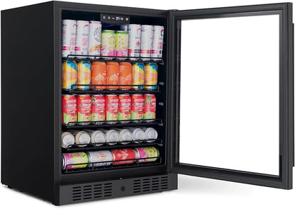 Newair 24" Beverage Refrigerator 177 Can Capacity, Black Stainless Steel Mini Fridge with Built-in Cooler and Glass Door, Cool your Soda, Beer, and Beverages to 37F