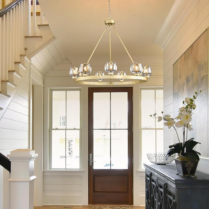 Gold Wagon Wheel Chandelier, 36 Inch Brass Chandeliers with Unique Glass Shade, 9-Light Crystal Farmhouse Wagon Wheel Chandeliers for Dining Room, Round Chandelier for Living Room, Foyer, Entryway