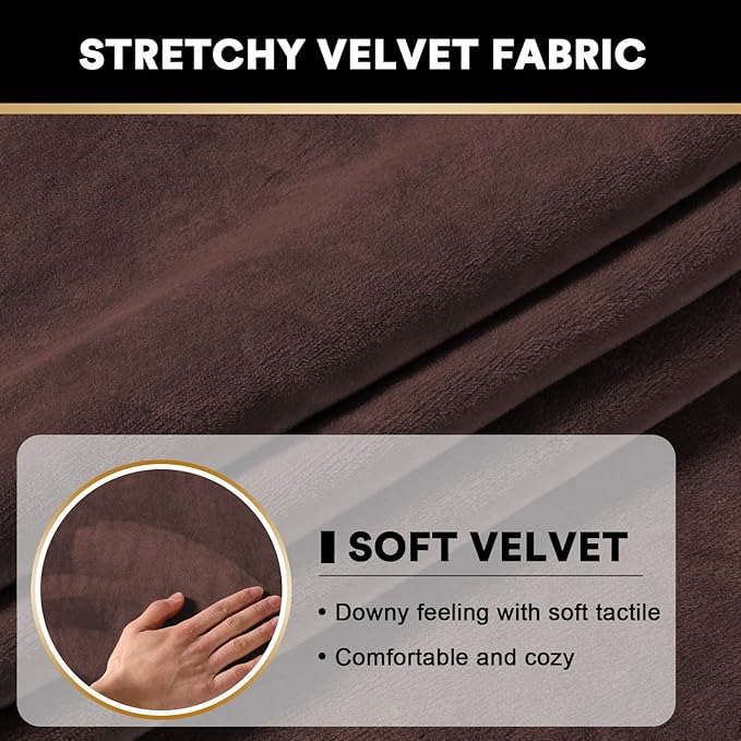 PrinceDeco Velvet Couch Cushion Covers 3 Pieces Velvet Separate Couch Cover Stretch Sofa Slipcover Washable Furniture Protector for Sectional Sofa Each Width Up to 40", Brown