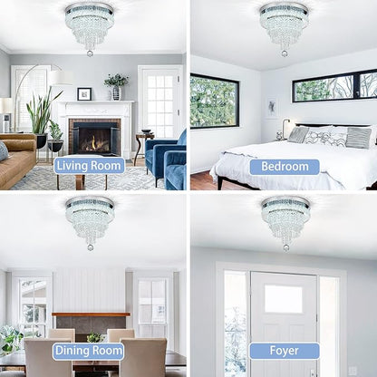 16“ Crystal Chandeliers Round Modern LED Chandelier Light Flush Mount Ceiling Light Fixtures with Remote Control for Bedroom Living Room Dining Room (dimmable)