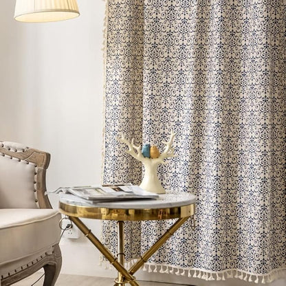 Sutuo Home Boho Curtain 84 Inches Length Semi-Blackout Bohemian Damask Moroccan Florals Print Darkening Curtains Tassels, Rod Pocket Window Treatment Drapes for Bedroom, 1 Panel 59" W x 84" L, Blue