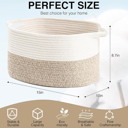 Cotton Rope Woven Storage Basket, Used for Baby Hamper Toy Organizer, Gift Baskets Empty,Kids Laundry Basket,Baby Blanket Basket. Size 15x10x8.7 Inches. (White&Brown-3PCS)