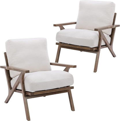 Wahson Set of 2 Mid Century Chair, Upholstered Accent Armchairs, with Wood Frame and Linen Cushions, Leisure Slipper Chair for Living Room/Bedroom, Cream