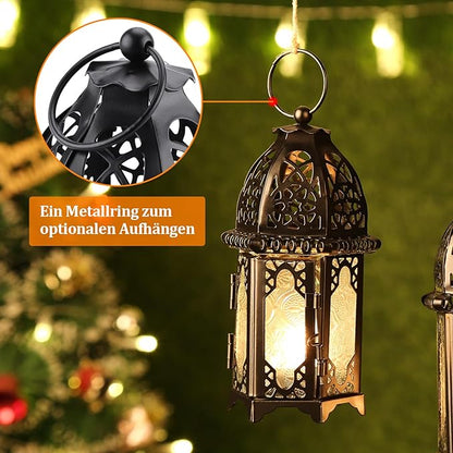 Metal Candle Holder 4PCS Transparent Glass Moroccan Style Hanging Lanterns Creative Wedding Home Tabletop Decoration Birdcage, Black