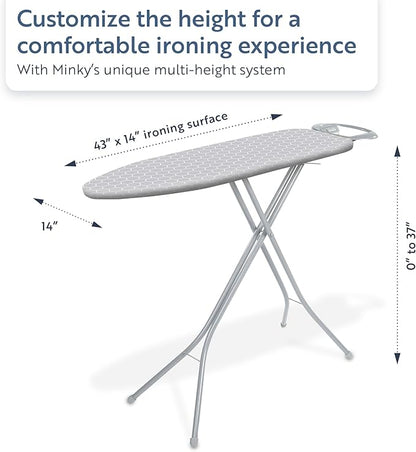 Minky Homecare Classic 4-Leg Ironing Board with Iron Rest - Freestanding Full Size Iron Board for Clothes Pressing with 43" x 14" Surface - Grey Honeycomb