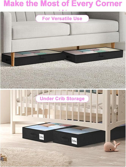 punemi Under Bed Storage Containers, Below 4 Inches Tall Low Profile Foldable Under Bed Storage,No Structure, Soft Fabric Blanket Storage and Clothing Storage with Zipper, 2 Pack, 20x40x3.7in, Black