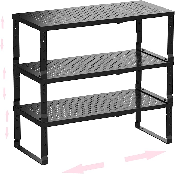 Metal Stackable Expandable Storage Shelf - Multi-Functional Home Storage Shelf, Suitable for Kitchen, Cabinet，Bathroom, Office, Garage, etc.（3PACKS/Black/Medium