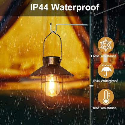 pearlstar Solar Lanterns Outdoor Metal Solar Powered Hanging Lights Waterproof for Barn Wall Yard Garden Patio Garage Balcony Porch Fence Decor, Warm White Edison Bulb (Copper-2pack)