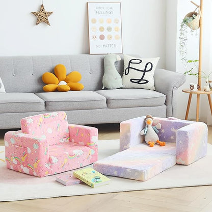 Toddler Chair Kids Couch, 2-in-1 Comfy Armchair with Removable and Washable Cover Carrying Handle, Convertible Reading Chair Toddler Couch for Girls and Boys, Pink Rainbow
