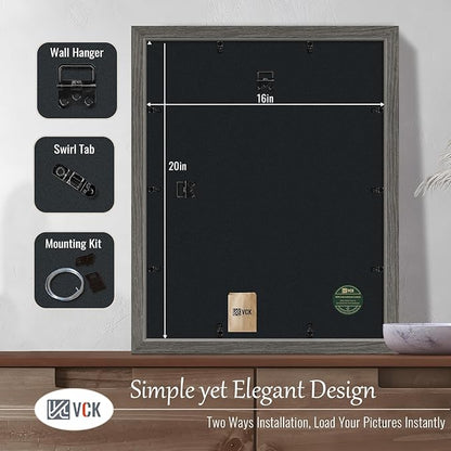 VCK 16x20 Picture Frames for Wall - 3 pack, Grey Natural Solid Wood Frame, Exclusive Wood Grain