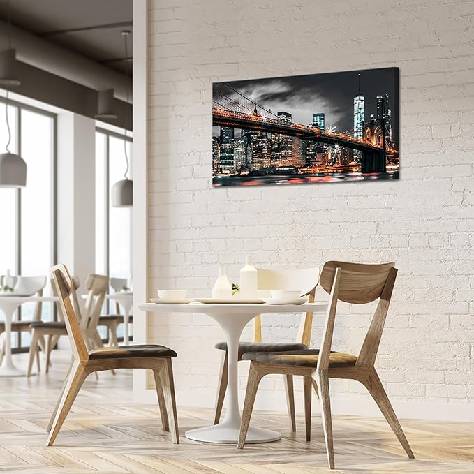 RyounoArt New York City Pictures Wall Art NYC Skyline Canvas Paintings Brooklyn Night Cityscape Prints Wall Decor Framed 20x36 Inch