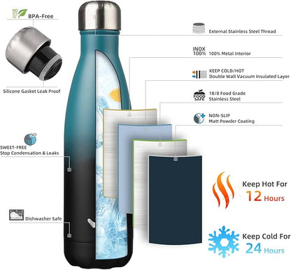 Insulated Water Bottles,17 oz Double Wall Stainless Steel Vacumm Metal Flask for Sports Travel,Indigo Black