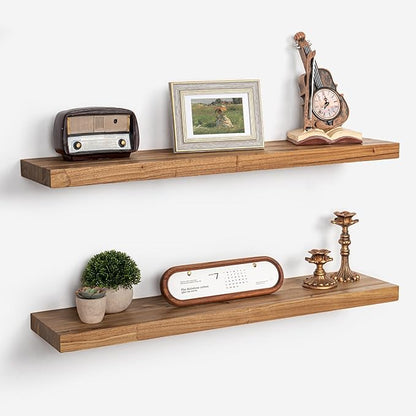 Axeman Floating Shelves for Wall - 32''W x 8'' D Rustic Solid Elm Wood Shelves for Storage, Wall Mounted Display Shelving with Invisible Heavy-Duty Metal Bracket (Natural, 2PCs)