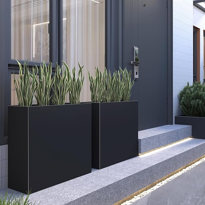 Galvanized Steel Metallic Heavy Planter for Outdoor Plants Metal Outdoor Planter Spliced Flower Box with Partitions for Outside,Indoor,Garden (Black, 30 * 12 * 24)