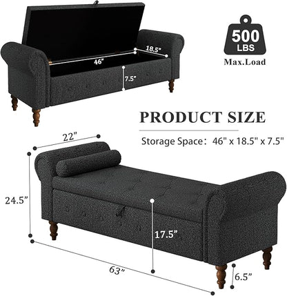Storage Ottoman Bench for Bedroom, 63" End of Bed Bench with Rolled Arms Upholstered Ottoman Bench Fit for Bedroom, Living Room, Entryway, Linen Dark Gray