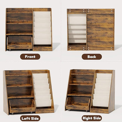 COZPAW Kids Bookshelf and Toy Storage, 4 Tier Toddler Bookshelf with Movable Drawer 5 Sling Pockets, Montessori Book Shelf for Kids Room, Playroom, Nursery (Brown)
