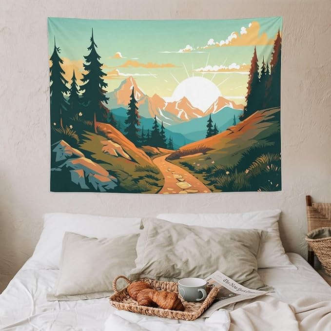 HZOHNAGO Mountain Tapestry Forest Mountain Sunrise Road Pattern Printed Wall Tapestry Wall Hanging for Bedroom Living Room Dorm 40" W x 30" H