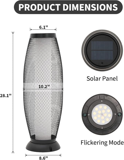 Patio Solar Light Flickering Flame Solar Lamps Hollow Out Waterproof Outdoor Lantern Metal Decorative Lights for Deck Porch Yard