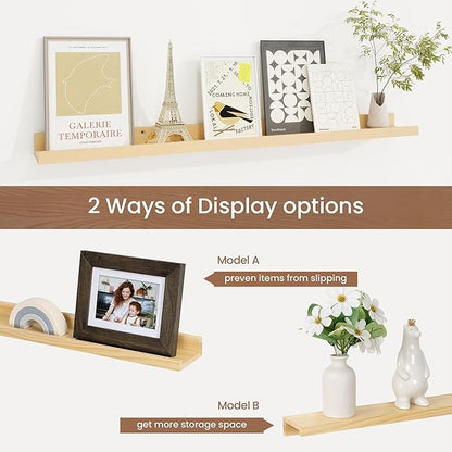 Picture Ledge Shelf, Solid Pine Wood Floating Shelves Set of 2, 32 Inches Nursery Book Shelves for Toys Storage, Kids Bookshelf Wall Mounted for Living Room Decor Photo Frames, Unfinished Natural