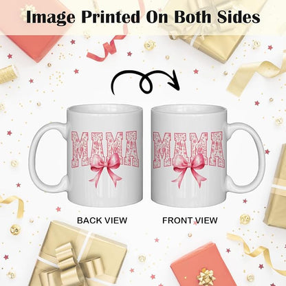 JINYO Coquette Pink Bow Floral Mama Mug, Mama Coffee Cup, Mother's Day Mugs Cups for Mom, Mom Birthday Gifts from Daughter Son, Ceramic Coffee Tea Mug 11 oz